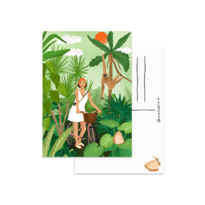 muchable kaart met illustratie van vrouw met fiets in de jungle